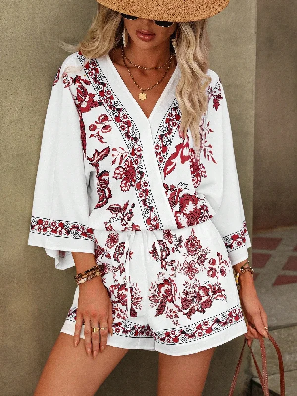 Floral Print Drop Shoulder Blouse Shorts