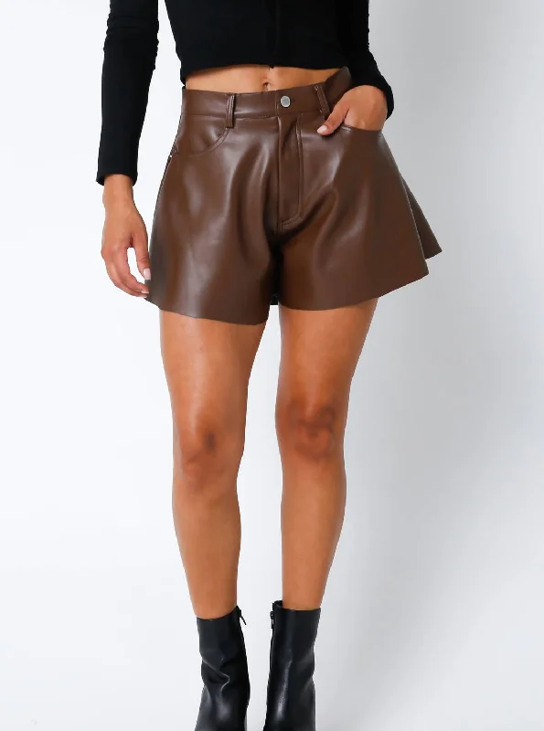 Vegan Leather Flare Shorts In Brown