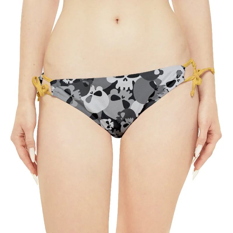 Women's Camo Gray Skulls Loop Tie Side Bikini Bottom