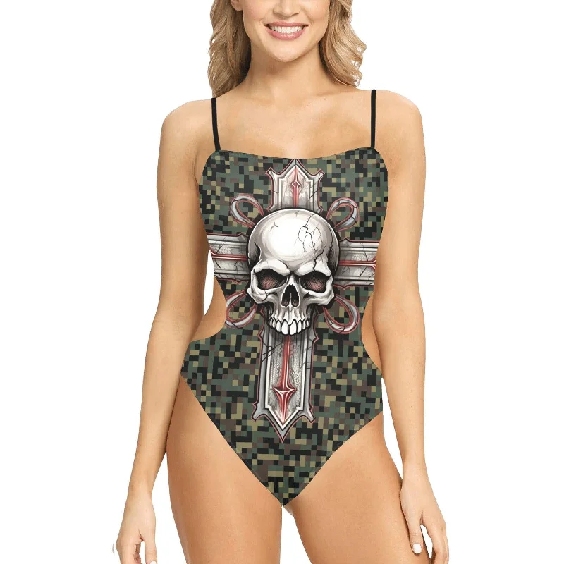 Women's Gothic Skull Cross Spaghetti Strap Cut Out Sides Swimsuit