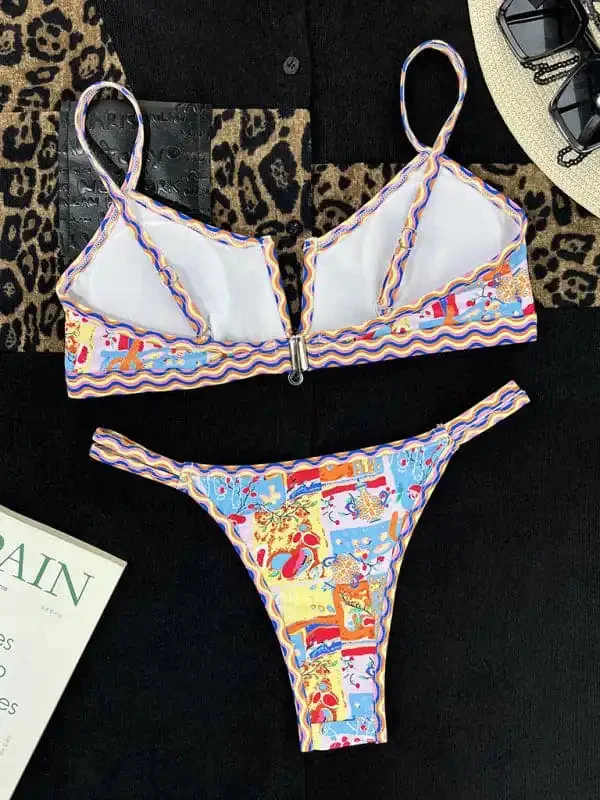 Women’s new split swimsuit small V-neck colorful edge ethnic print sexy bikini