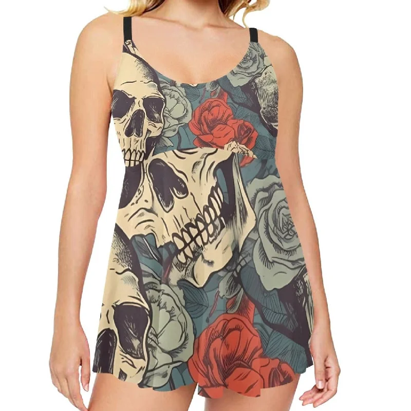 Women's Skull Red Floral Chest Pleat Swim Dress & Shorts