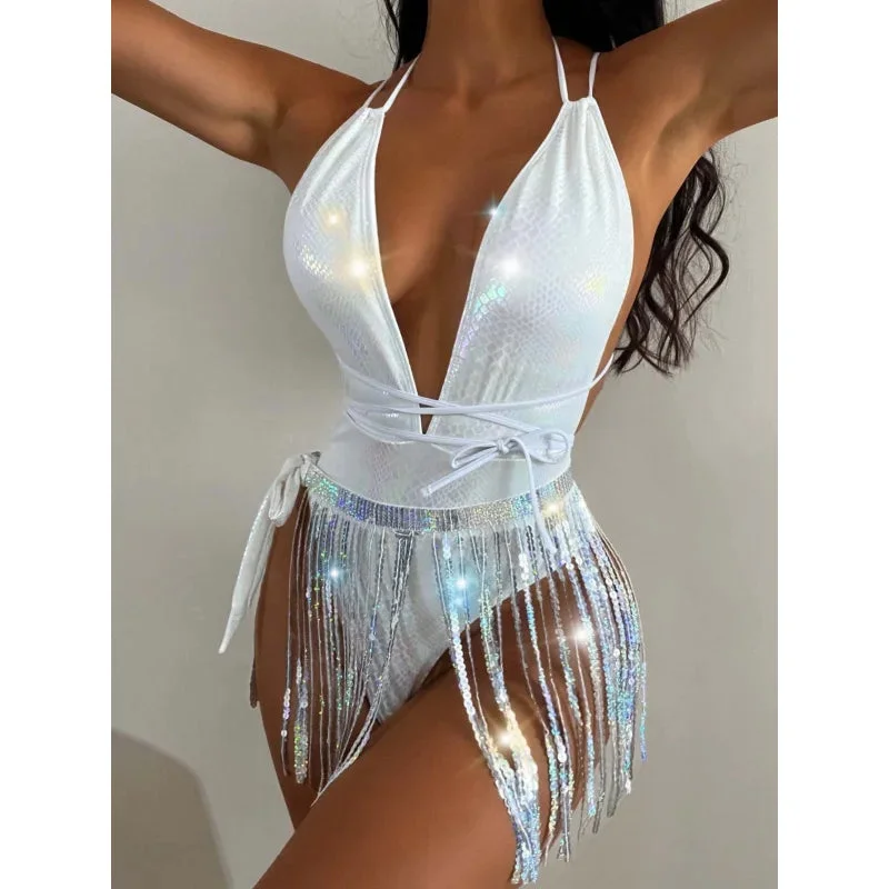 Women's White Snake Skin Printed Backless V-Neck One Piece Swimsuit