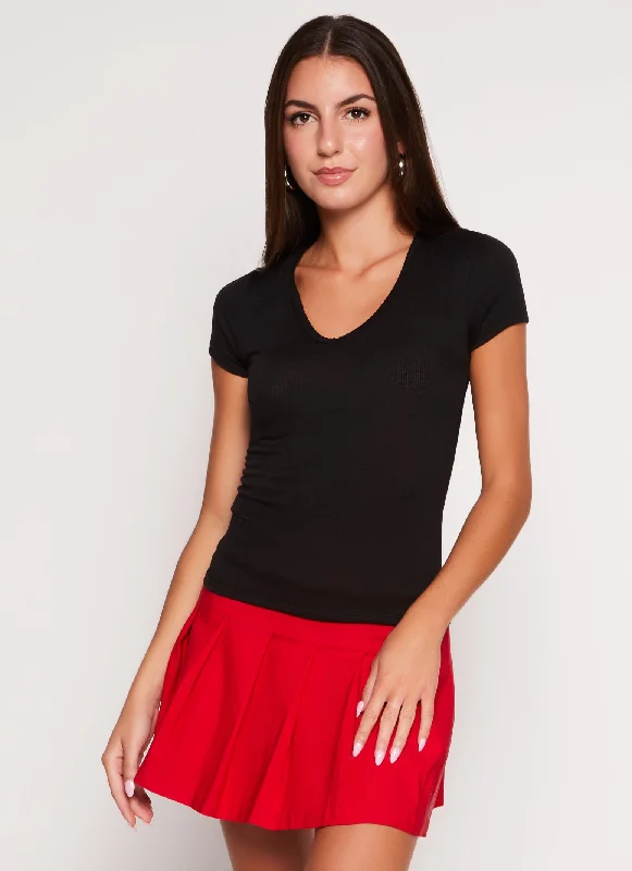 Basic Ribbed V Neck Short Sleeve Top