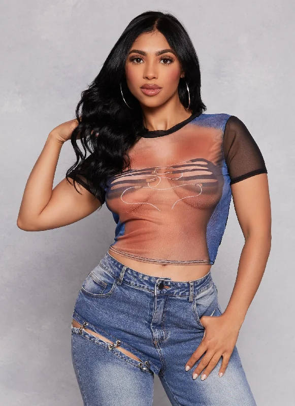 Mesh Body Print Crop Top