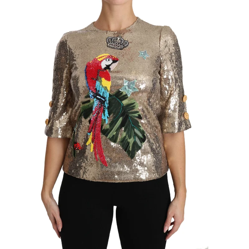 Dolce & Gabbana Gold Parrot Motif Crewneck Blouse with Crystals