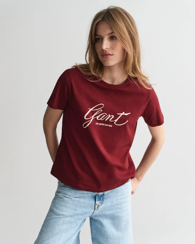 Gant Women Red Solid Round Neck Short Sleeves T-Shirt