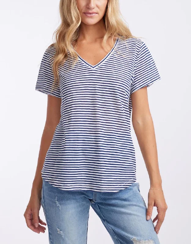 Sorbet Stripe Vee Neck Tee - Navy/White