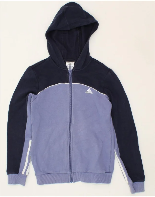 ADIDAS Girls Zip Hoodie Sweater 11-12 Years Navy Blue Colourblock Cotton