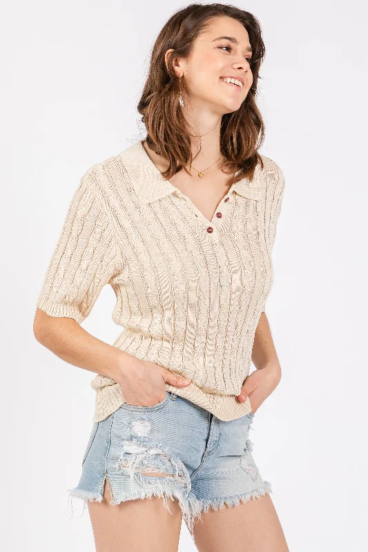 Beige Knit Button Collared Top