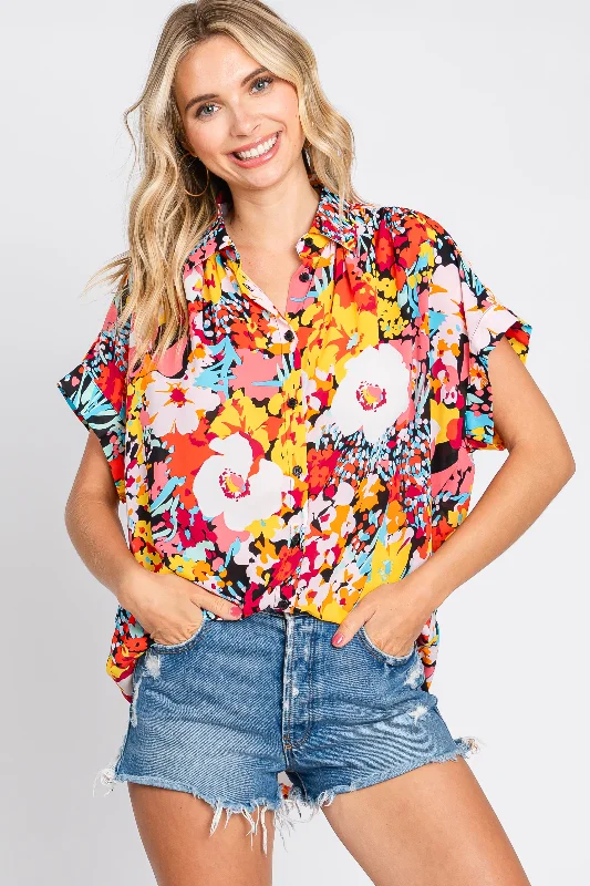 Black Abstract Floral Button Down Top