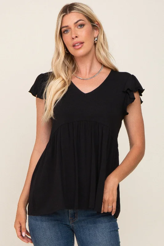 Black Flutter Sleeve V-Neck Top