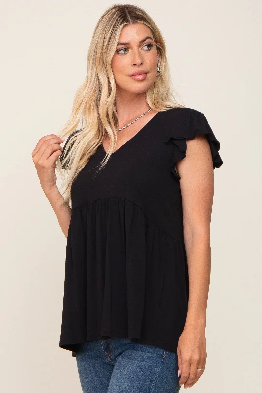 Black Flutter Sleeve V-Neck Top