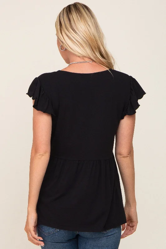 Black Flutter Sleeve V-Neck Top