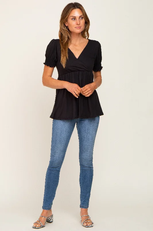 Black Puff Sleeve Crossover Nursing Top