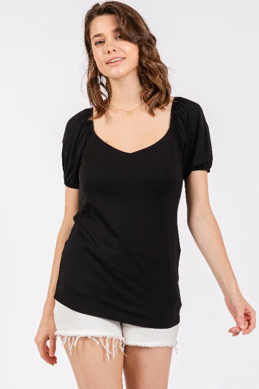 Black Short Puff Sleeve V-Neck Top