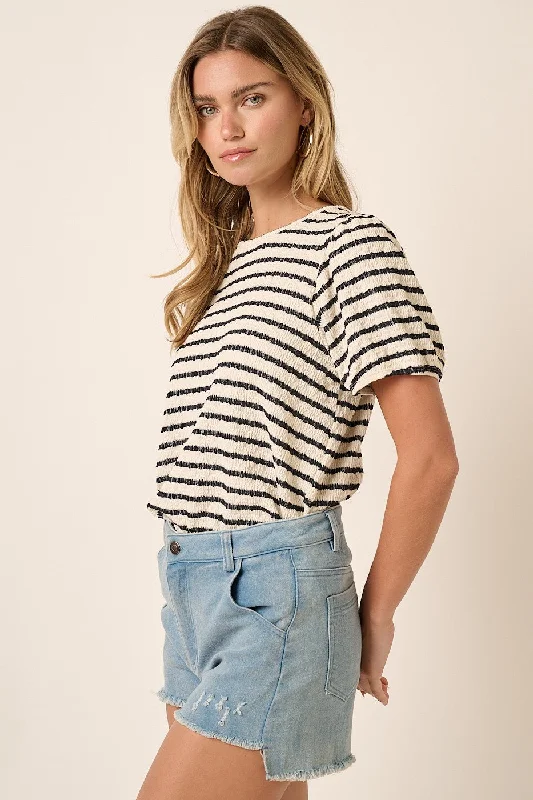 Black Striped Textured Puff Sleeve Top