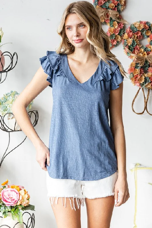 Blue Heathered Ruffle Cap Sleeve Top