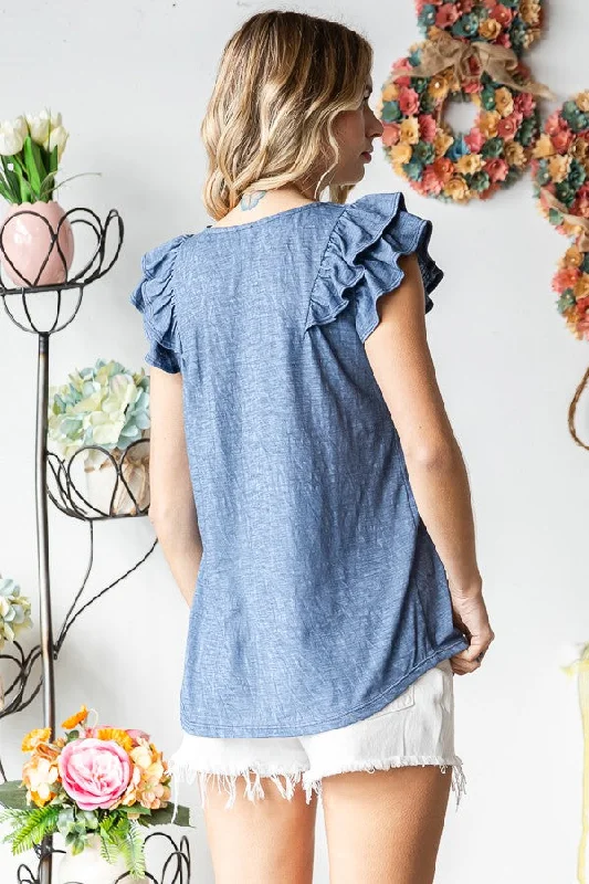 Blue Heathered Ruffle Cap Sleeve Top