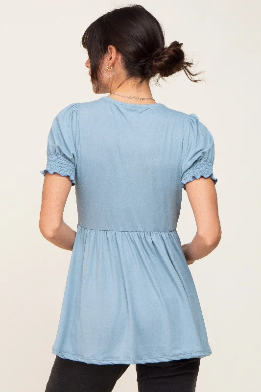 Blue Puff Sleeve Crossover Nursing Top