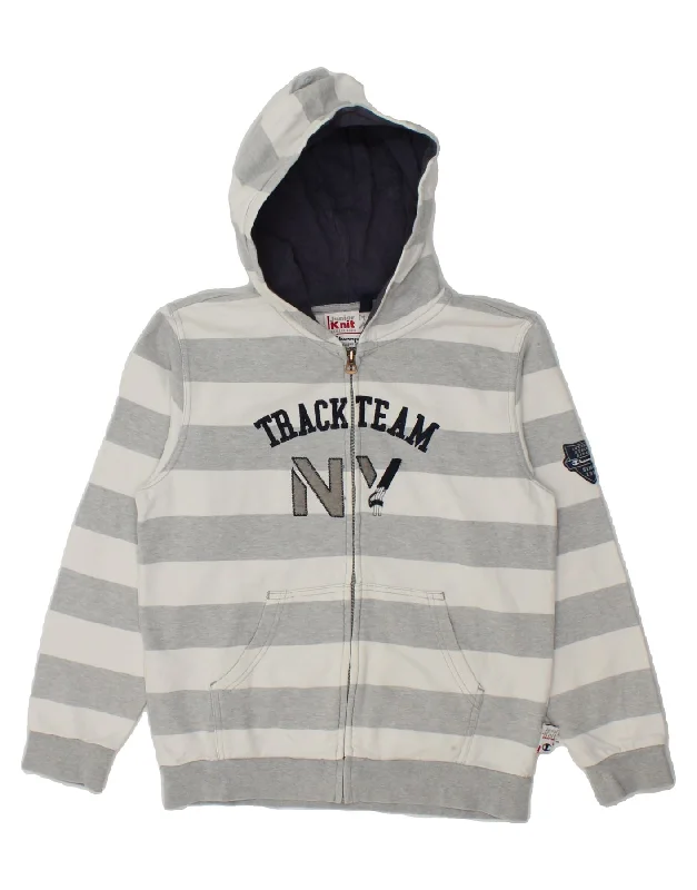 CHAMPION Boys Graphic Zip Hoodie Sweater 9-10 Years Medium Grey Striped