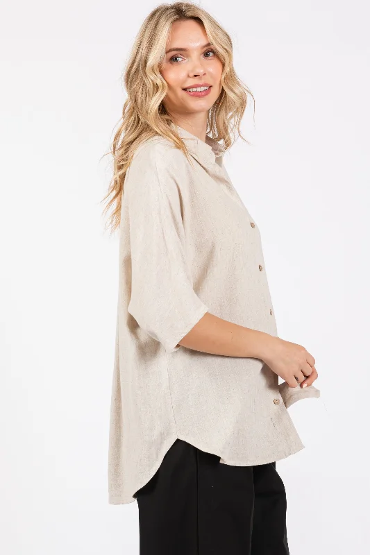 Cream Linen Dolman Half Sleeve Button Down Top