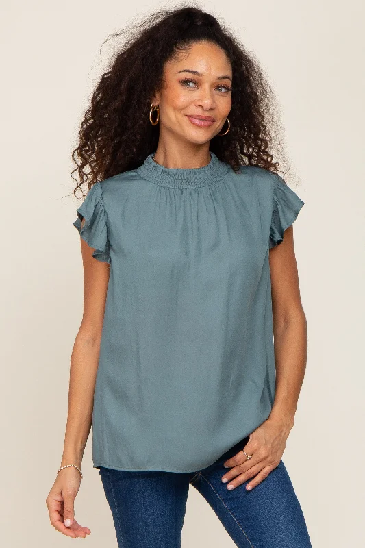 Dark Teal Mock Neck Flutter Blouse