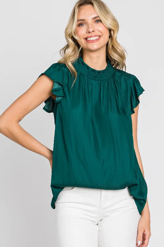 Forest Green Mock Neck Flutter Blouse