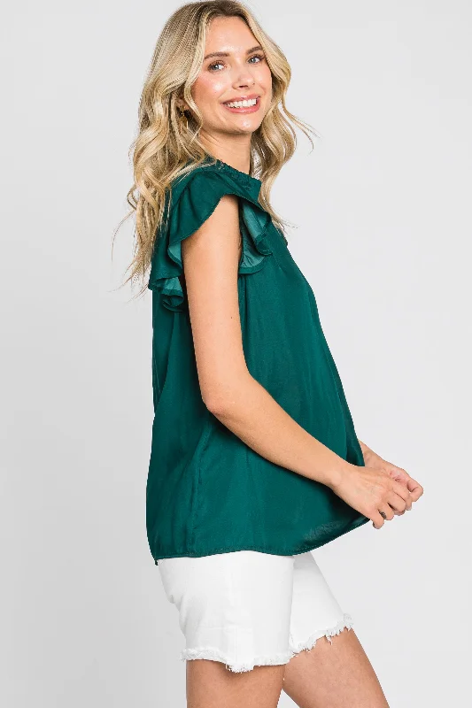 Forest Green Mock Neck Flutter Blouse