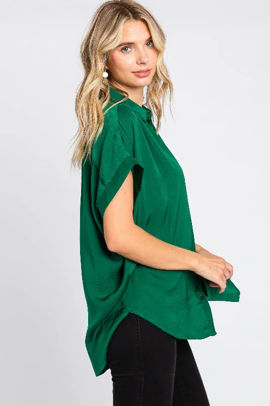 Forest Green Satin Button Front Collared Short Sleeve Top