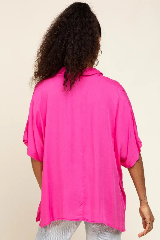 Fuchsia Button Up Dolman Short Sleeve Top