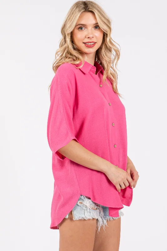 Fuchsia Linen Dolman Half Sleeve Button Down Top