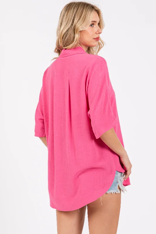 Fuchsia Linen Dolman Half Sleeve Button Down Top