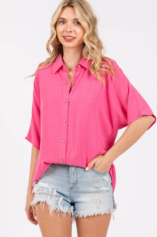 Fuchsia Linen Dolman Half Sleeve Button Down Top