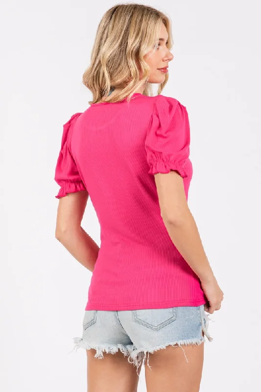 Fuchsia Ribbed Puff Sleeve Top