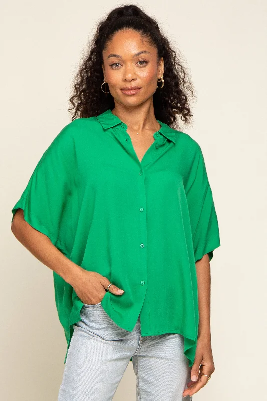 Green Button Up Dolman Short Sleeve Top