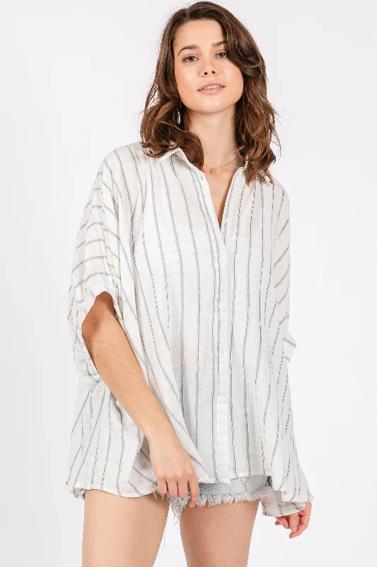 Ivory Striped Collared Oversized Top