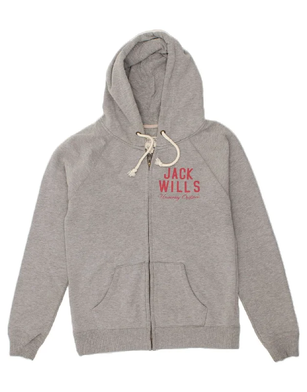 JACK WILLS Womens Graphic Zip Hoodie Sweater UK 14 Large  Grey Cotton