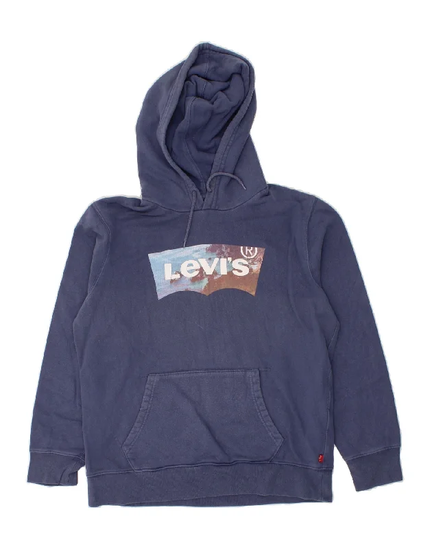 LEVI'S Womens Oversized Graphic Hoodie Jumper UK 10 Small Navy Blue Cotton