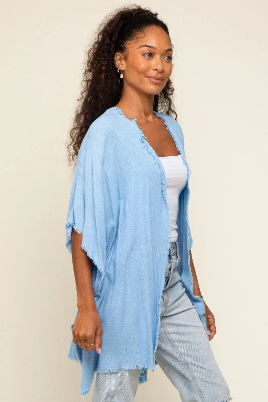 Light Blue Fringe Dolman Sleeve Cover Up