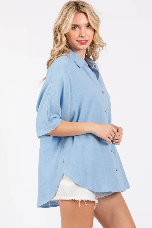 Light Blue Linen Dolman Half Sleeve Button Down Top