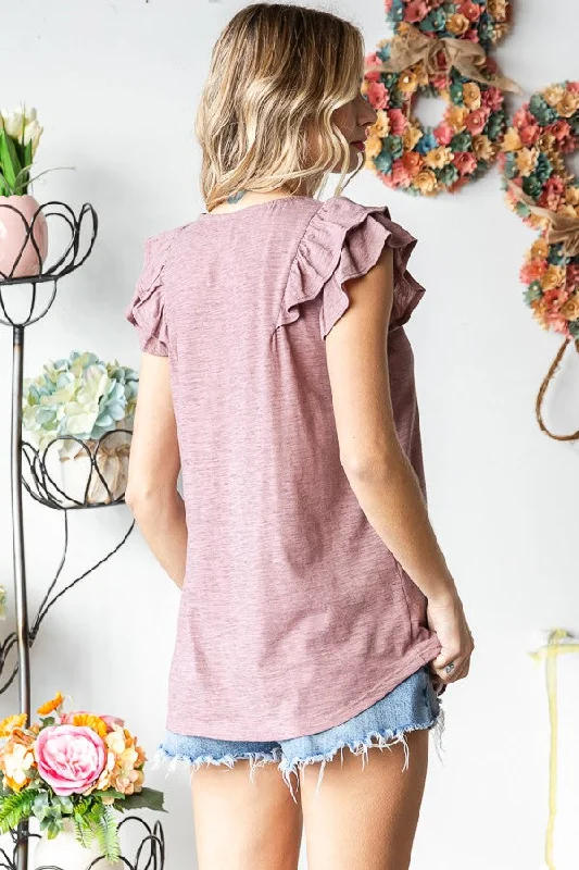 Mauve Heathered Ruffle Cap Sleeve Top