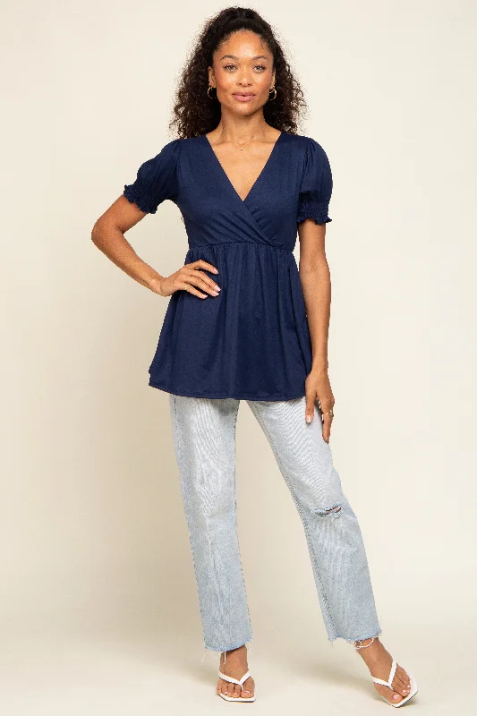 Navy Puff Sleeve Crossover Nursing Top