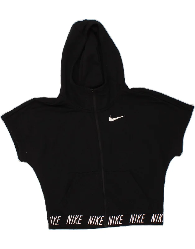 NIKE Girls Dri Fit Short Sleeve Zip Hoodie Sweater 12-13 Years Large Black