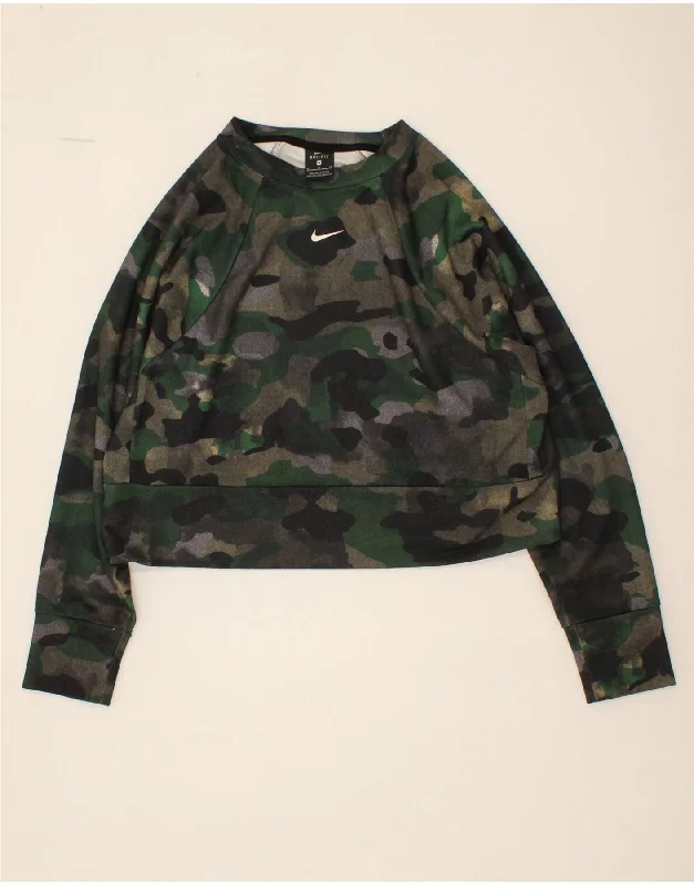 NIKE Womens Dri Fit Crop Sweatshirt Jumper UK 14 Medium Green Camouflage