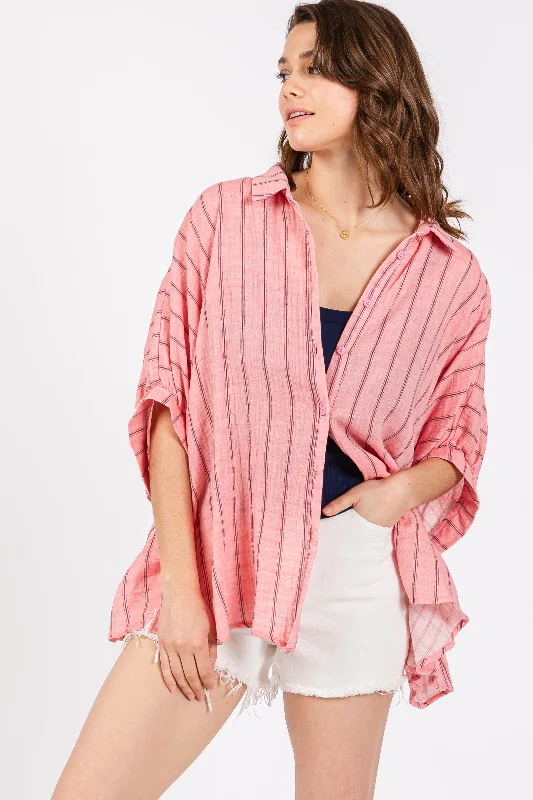 Pink Striped Collared Oversized Top