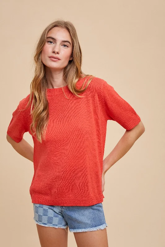 Red Knit Short Sleeve Top