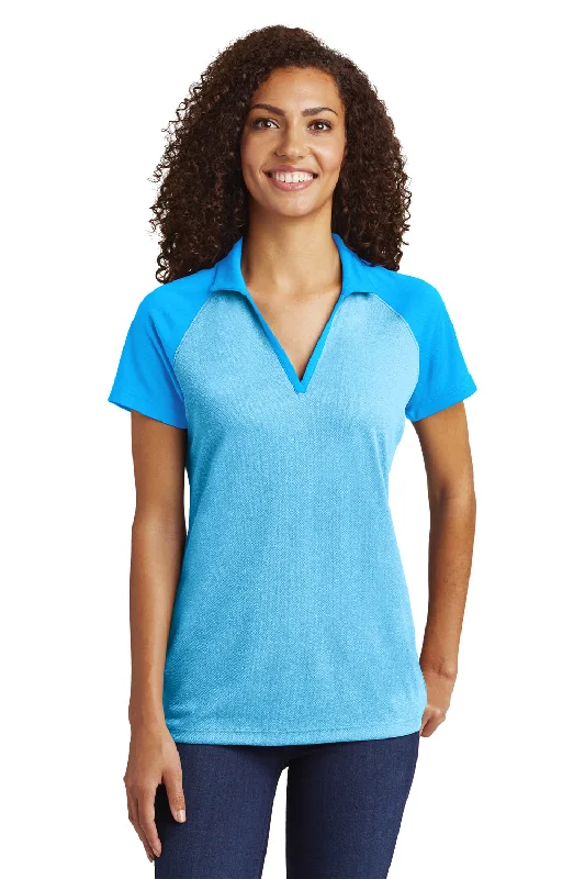 Sport-Tek Womens RacerMesh Moisture Wicking Short Sleeve Polo Shirt - Heather Pond Blue/Pond Blue