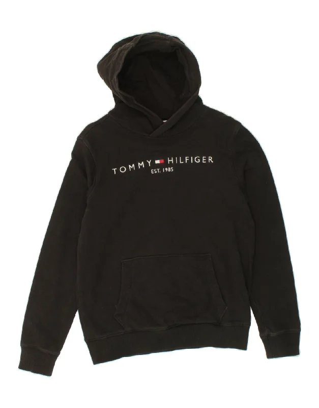 TOMMY HILFIGER Boys Graphic Hoodie Jumper 13-14 Years Black Cotton